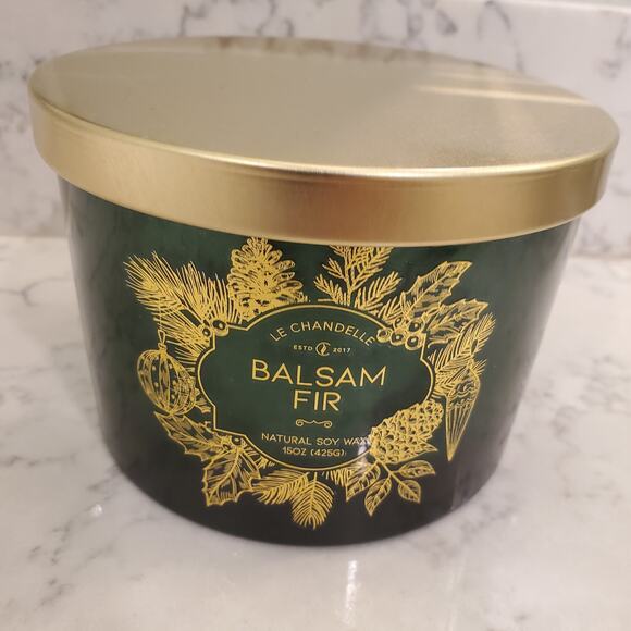 NEW Le Chandelle Balsam Fir 15 oz 3 Wick Candle Green Gold - Picture 1 of 5